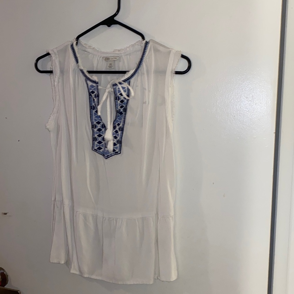 white patterned blouse